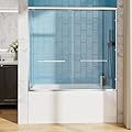 56-60" W x 57" H Sliding Bathtub Shower Door, Chrome Aluminum Frame Glass Shower Door with Stainless Steel Towel Bar