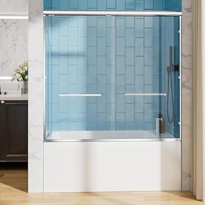 56-60" W x 57" H Sliding Bathtub Shower Door, Chrome Aluminum Frame Glass Shower Door with Stainless Steel Towel Bar