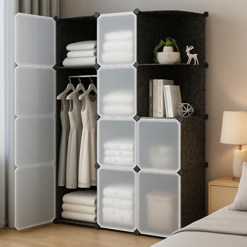 Image of Owme Collapsible Wardrobe for Clothes - DIY 12 Door Plastic Almirah for Clothes with Doors | Side Hanger, Foldable Wardrobe for Storage for Home | Storage Organizer for Clothes - Black