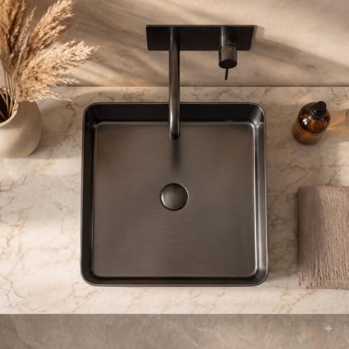 Image of Signora Basin 40x40 cm SS 304 Brushed Stainless Steel Counter Top Wash Basin for Bathroom | Luxury Finish Kitchen & Bathroom Sink | Get 2 Years Warrenty | Brushed Black