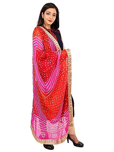 Image of Women's Jaipuri Art Silk Bandhej Rajasthani Bandhani Dupatta with Gota Patti Lace