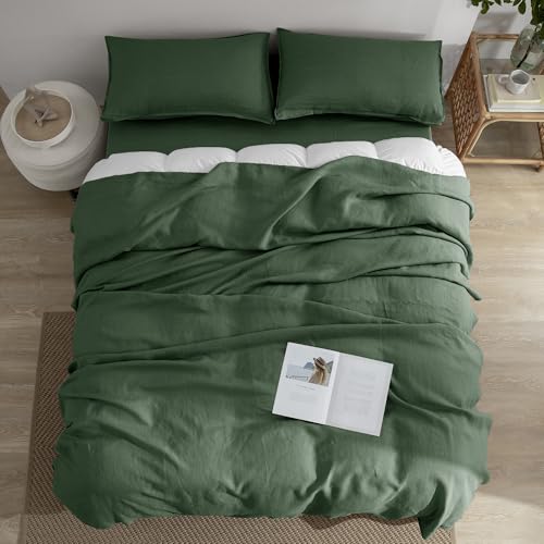 EVERLY Linen King Size Sheets Set,100% French Washed Pure Linen Bed Deep Pocket Sheets,4Pieces(1Flat Sheet,1Fitted Sheet,2Pillowcase) Suitable for Hot Sleepers,180GSM Dark Green Bedding Set