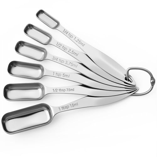 FANGSUN Stainless Steel Narrow Measuring Spoons, Metal Measuring Spoons with Long Handle and Engraved Measurements Set of 6, For Dry or Liquid, Fits in Spice Jar