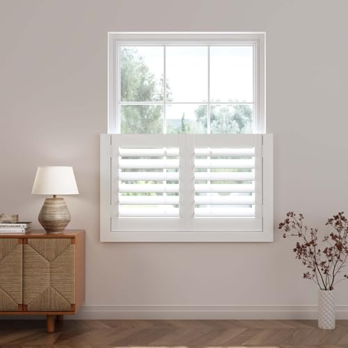 TWOPAGES Cafe Plantation Shutters for Interior Window, Custom Privacy Wood Blinds with Adjustable Louvers for Half Window, Living Room, Bedroom, Kitchen