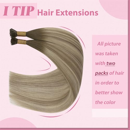 Image of YoungSee I Tip Hair Extensions Ombre Brown, Itip Hair Extensions, Ombre Dark Brown to Light Brown with Blonde, Hair Extensions Real Human Hair I Tip, 20 Inch 50 Strands 50g, for Wedding