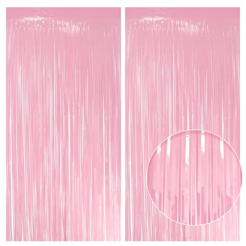2 Pack Pastel Light Pink Fringe Backdrop, 3.2x8.2ft Shining Foil Tinsel Curtains, Birthday Party Decorations Door Streamers for Halloween, Christmas, Wedding, Graduation, Holiday, Theme Events