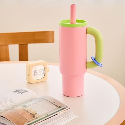 Image of 1200ml Stainless Steel Tumbler with Lid & Straw - Vacuum Insulated Travel Cup - Hot & Cold Drinks Up to 12 Hours - Spill-Resistant, Durable Mug for Gym, Office, Commute (Pink + Green)