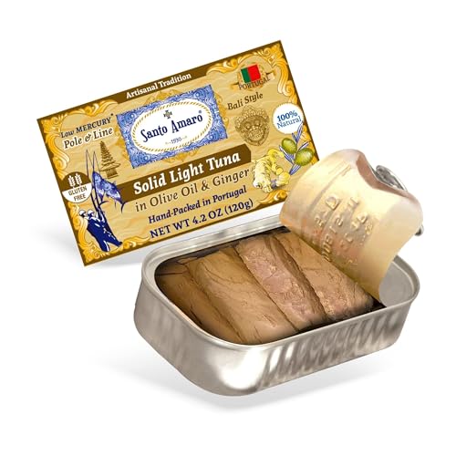 Image of Santo Amaro - Artisanal Wild Tuna Fillets in Olive Oil & Ginger, Pole & Line Wild Caught Tuna from Portugal, Hand-Packed Bali-Style Canned Tuna Fish, 22g Protein, Paleo, Keto, Low Mercury, Pack of 6