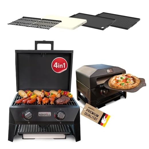 Nexgrill 4-in-1 Gasgrill/Tischgrill mit 2 Brennern, Pizzaofen-Funktion, Cordierit-Pizzastein & Wende-Grillplatte – Kompakter Outdoorgrill aus Stahl mit Stauraum für Zubehör
