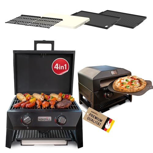 Nexgrill 4-in-1 Gasgrill/Tischgrill mit 2 Brennern, Pizzaofen-Funktion, Cordierit-Pizzastein & Wende-Grillplatte – Kompakter Outdoorgrill aus Stahl mit Stauraum für Zubehör