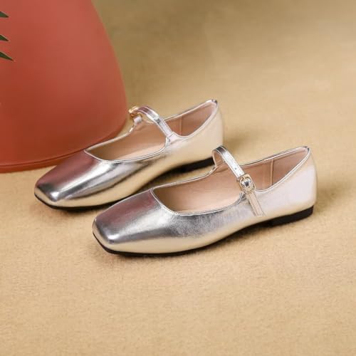 Stunner Women's Mary Jane Flats Fashion Square Toe Soft Ballet Flats Comfort Leather Office Driving Flats Silver 41(9) 22