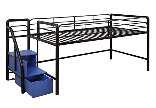 Dhp Junior Twin Metal Loft Bed With Storage Steps, Space-Saving Solution, Multifunctional, Black With Blue Steps & Fire Department Design Curtain Set For Junior Loft Bed, Kids Furniture, Blue #TOP3