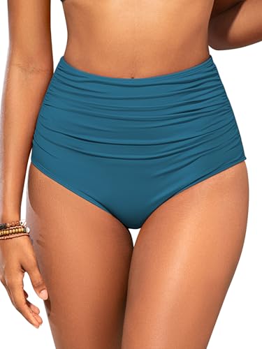 Image of SHEKINI Women Shaping Swimwear Bottoms High Waisted Bikini Bottom Tummy Control Ruched Swim Brief Bottom, Blue, Small