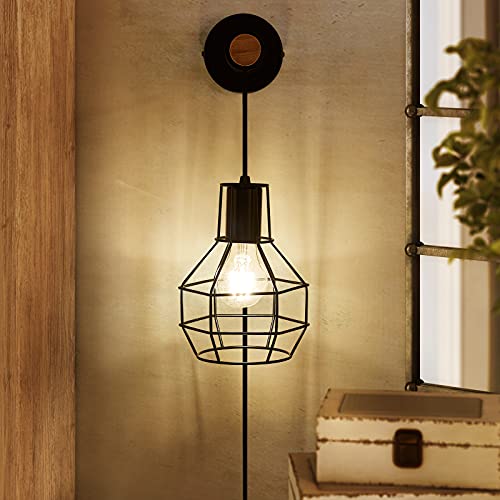 Image of Industrial Wall Sconces with Plug in Cord, Farmhouse Lamps with Switch Vintage Classy E26 Edison Metal Mounted Lights Fixture Wood for Bedroom,Living Room,Hallway