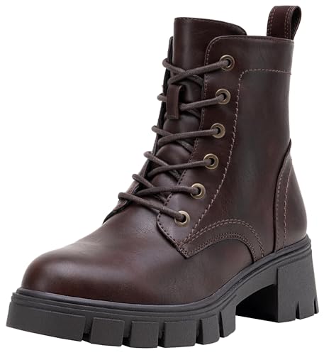 Vepose Women's 9626 Combat Ankle Boots, Lace-up Platform Chunky Heel Booties with Side Zipper, Brown, Size 9 US(CJY9626 Brown 09)