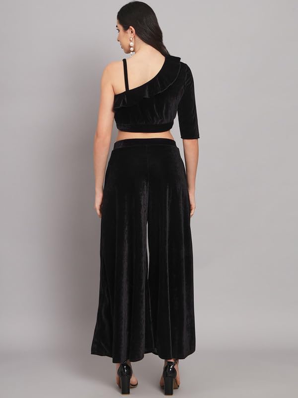 Image of Vaararo Velvet Co-Ords for Women | One Sleeve Crop Top with Palazzo Set Casual Party Dress