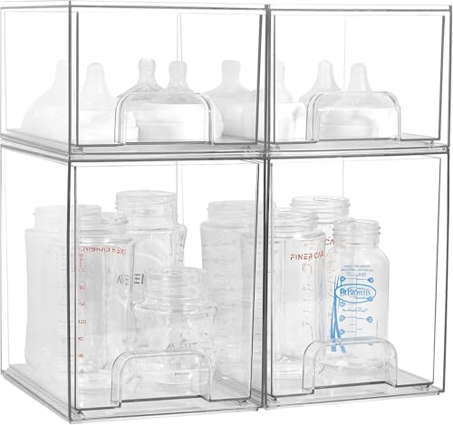 Baby Bottle Organizer 4 Pack Clear Space-Saving Stackable Drawer with Handle Baby Bottle Storage Organizer for Countertop and Cabinet