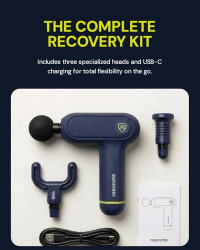 Image of Resonate Aura Percussion Massage Gun | Deep Tissue Muscle Recovery | 4 Heads, 5 Speed, 3500 RPM | Touch Sensitive | for Back, Neck & Shoulder Pain Relief | USB-C | 1 Year Warranty