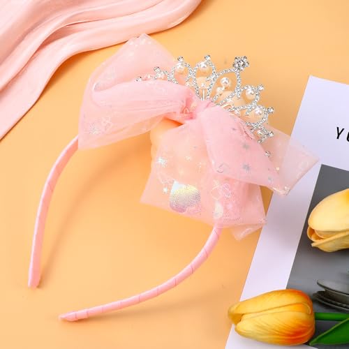 1 Stück Krone Geburtstag Mädchen, Rosa Prinzessin Krone mit Tüllschleife Prinzessinnen Party Haarreif Glitzernde Für Geburtstag Weihnachten Kostüm Braut Hochzeit Halloween