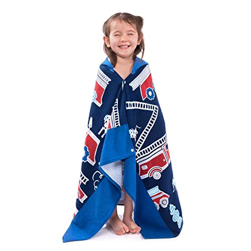 Badeponcho Kinder Kapuzenhandtuch Badetuch Bademantel Baumwolle Musselin Strandtuch für Schwimmen Mädchen Jungen Baby Weich Warm Trocknend Cartoon (Feuerwehrauto) Cover