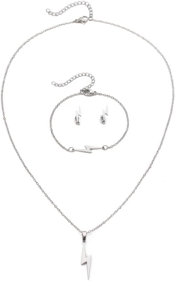 Lightning Shape 3‑Piece Accessory Set, Stainless Steel Chain Necklace, Bracelet and Stud Earring Kit for Daily Outfit