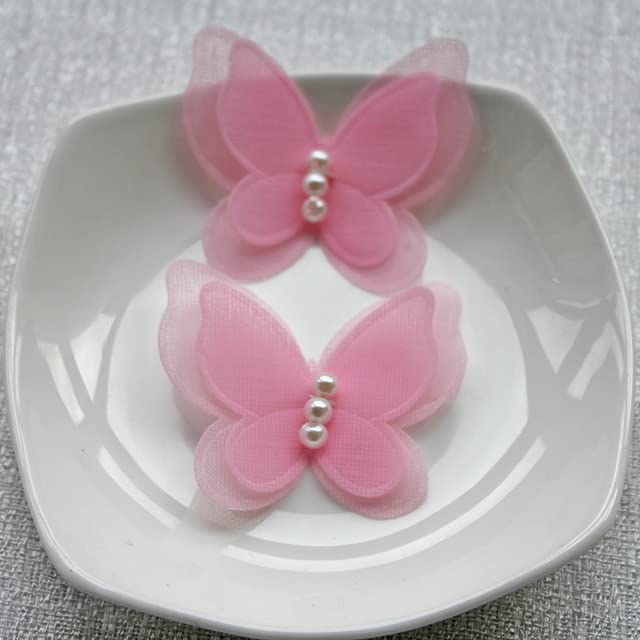 BABYKIDS - 50pcs 35x40mm Organza Fabric Butterfly Sew Pearl For Baby Girl DIY Hair Clip Accessories Patches For Decr (Pink)