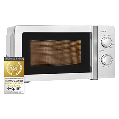 Exquisit Mikrowelle MW717-070G silber | Mikrowelle mit Grill | 900 W Grill | Drehteller 245 mm Ø | Garraum 20 Liter | Lackiert | 5 Leistungsstufen | Auftau-Programm | Timer Cover