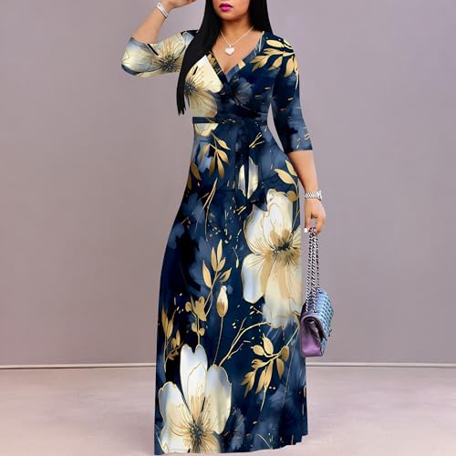 Image of PinkPatty Plus Size Maxi Dress for Women Casual V Neck 3 /4 Sleeve Boho Printed Long Dress with Pockets