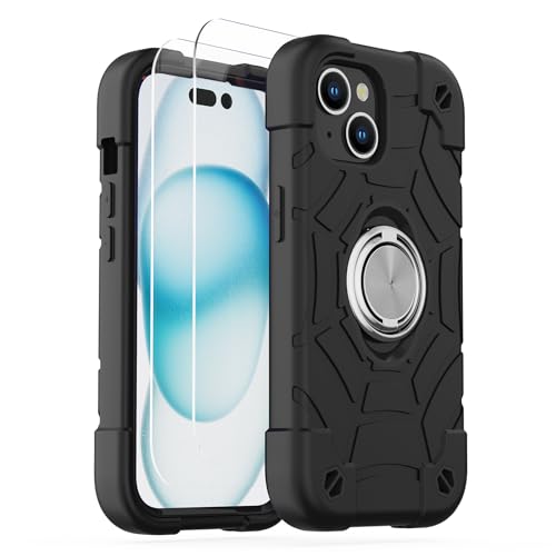 Coque iPhone 15 Plus KCJ antichoc noire avec protège-écran et anneau support