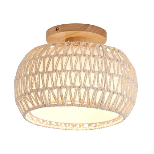 Boho Rattan Ceiling Light Fixture - 3 Style Options Wicker Semi Flush Mount Ceiling Lights,Beige Coastal Light Fixtures,Bohemian Woven Basket Chandelier for Hallway Bedroom Nursery Kitchen Laundry by Luafac - Used condition - Image 8