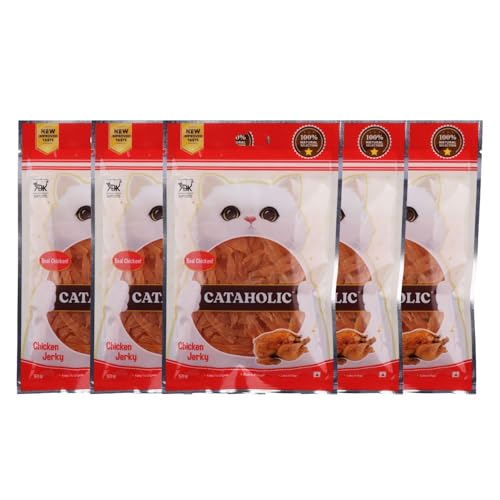 Image of Cataholic Chicken Jerky Sliced for Cats High Protein Soft Treat, Low Fat, Easily Digestible, Healthy Cat Snack for Training, Reward & Daily Nourishment,50 G x 5 Pack,All Life Stages