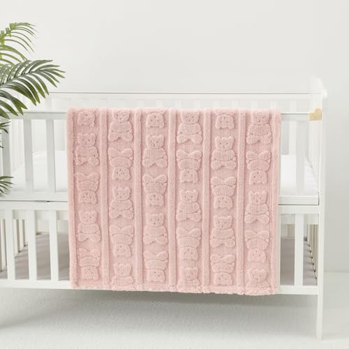 Image of CREVENT 30 inchX40 inch Cozy Soft Warm Sherpa Baby Blanket for Girls Boys, Newborn Essentials for Infant, Baby Shower Receiving Gift - Pink Bear 75X100cm