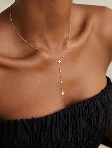 Image of CHESKY Long Necklaces for Women, 14k Gold Plated /Streling Silver Lariat Necklace Dainty Statement Prom Necklace Rosary Cross Sun Drop Pendant Dangle Necklace Gold Prom Jewelry for Women Gifts