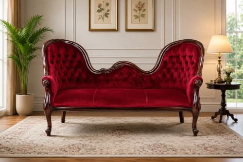 Image of Victorian Style Chaise Lounge, Tufted Cream Upholstery, Mahogany Wood Frame, Classic Living Room Furniture (Deep Burgundy Red)