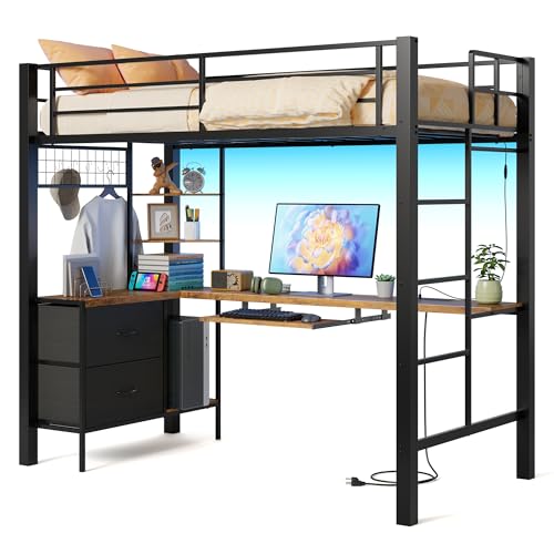 Opiniones de Literas Mexico que puedes comprar esta semana. 45 MAMALAND Litera Alta con Escritorio en Forma de L y luz LED, Estación de Carga, Estante de Almacenamiento, Marco de Cama Alta de Metal Resistente, Protección de Seguridad y...