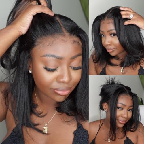 Unice Bye Bye Knots Wig Yaki Kinky Straight Bob Wigs Human Hair Pre Bleached Invisible Knots 7X5 Lace Front Wigs Human Hair Pre Everything Glueless Wigs Pre Plucked Pre Cut Lace 10 Inch thumb #4