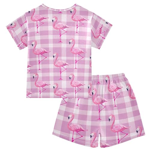 ALAZA Flamingo on Plaid Pajamas Short Sleeve 2 Piece Sleepwear Top and Bottom Pajama Set Unisex2