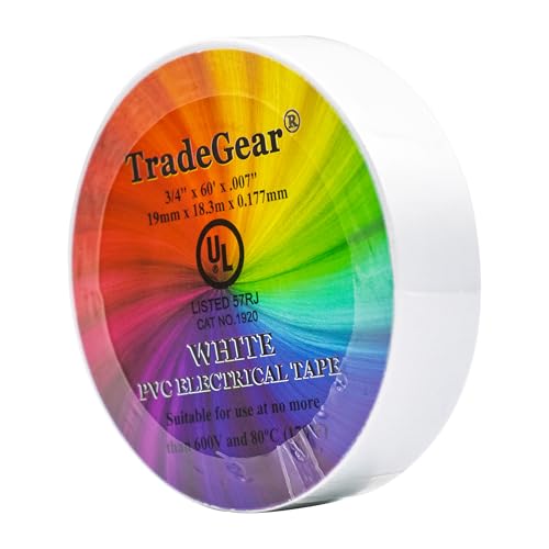 Image of TradeGear White 1 Pack - UL Listed Colored Electrical Tape, 60 ft x 3 /4 in, 600V, Flame Retardant, Waterproof, Rubber Adhesive - Phase Marking, Wire ID, Automotive