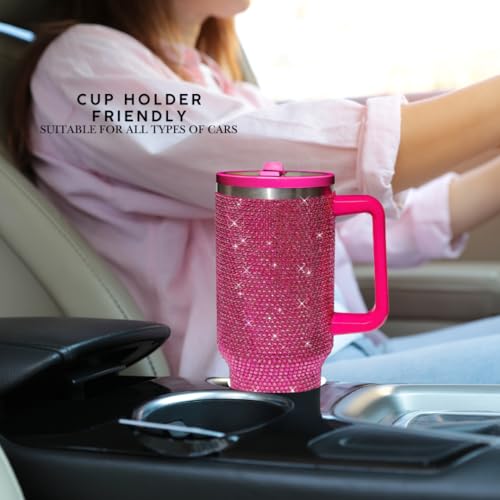 Image of 40 Oz Rhinestone Tumbler with Handle and Flip Straw | Insulated Stainless Steel Double Layer Bling Tumbler | Leak Proof Glitter Tumbler for Women | Reusable 1200ml Travel Bling Cups Fuschia