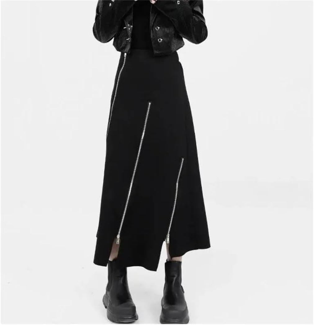 Women Black Asymmetric Maxi Skirt with Zipper Detail High Waist Loose Fit Casual Daily