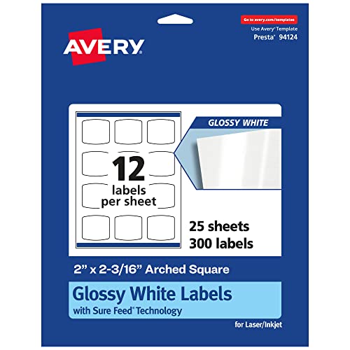 Avery Etiquetas cuadradas arqueadas blancas brillantes con alimentación segura, 2 x 2-3/16 pulgadas, 300 etiquetas blancas brillantes, etiquetas adhesivas permanentes de impresión hasta el borde,