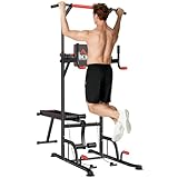 HOMCOM Torre Entrenamiento Energía Power Tower Estación Pull Up Multifuncional Ajustable en Altura con Banco Plegable Barra de Dominadas para Fitness 220x98x181-229 cm Negro