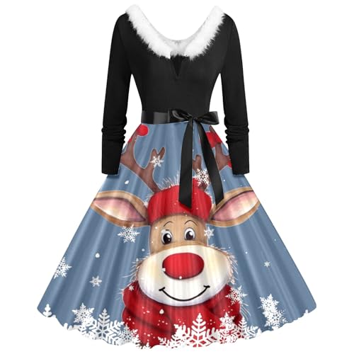 Vestido vintage casual para mujer para otoño e invierno con estampado navideño con cuello en V y mangas largas y diseño de cordones con cuello de terciopelo. Vestidos largos para mujer, azul, S
