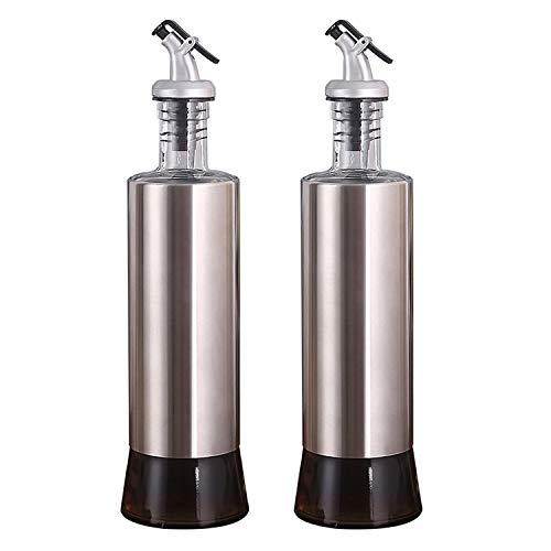 Misamo EnterpriseLeak Proof Oiler Tank Household Stainless Steel Condiment with Steel Cover Seasoning Bottle/Glass Oil Bottle Oil Dispenser (Silver, 500 ml) - Pack of 2