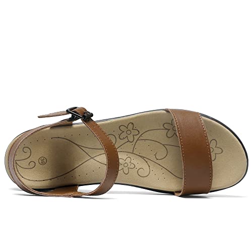 Image of Women's Classic Flat Sandals Leather Open Toes Memory Foam One Band Ankle Strap Adjustable Slip On Shoes