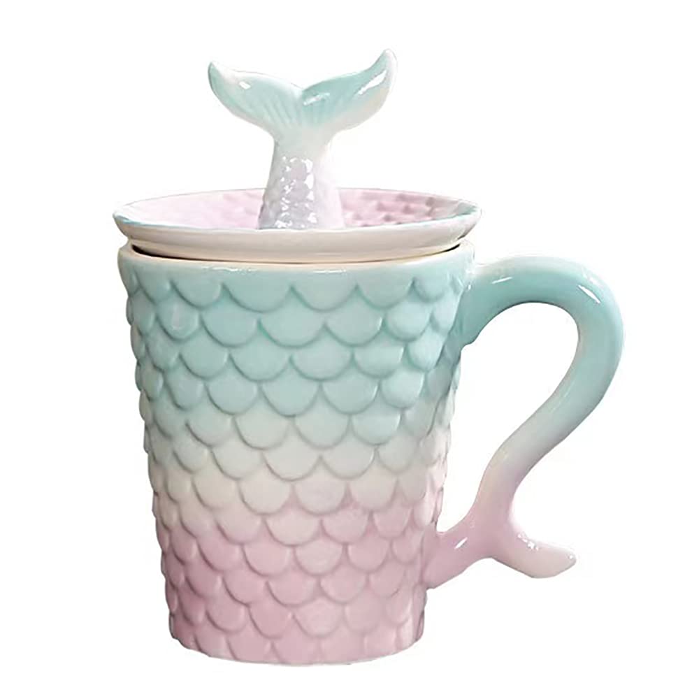 DECHM Mermaid Porcelain Ceramic Coffee Mug with Lid Handle,Kids Mugs for Girls Women,Milk Tea Cup,Gift for Wife Sister Daughter,14oz