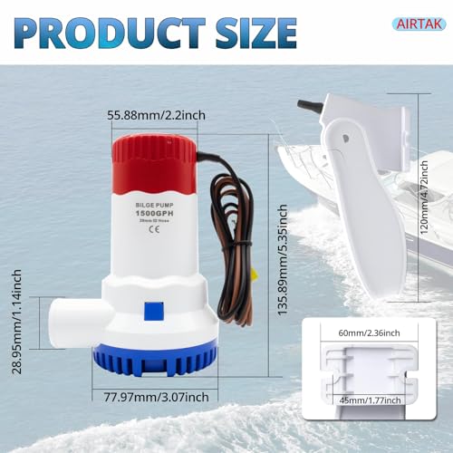 AIRTAK Bilge Pump for Boat DC12V 1500GPH Small Bilge Pump 12 Volt Electric Water Pump Low Noise with The Switch