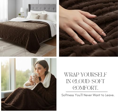 Image of VAS COLLECTIONS Faux Fur Jacquard Tufted Sherpa Blanket | 600 GSM Heavyweight Ultra-Soft & Super Warm Double Bed Blanket | 225 x 220 cm | 5D Embossed Floral Design | Heavy Winter Use - 3 kg, Coffee