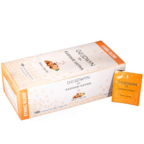 Image of Goodwyn Kashmiri Kahwa Green Tea (100 Tea Bags) - Authentic Blend with Saffron, Cardamom, Cinnamon & Almonds | Detox, Immunity, Stress Relief & Weight Support