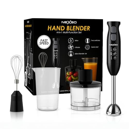 NEXSO Hand Blender Set 4-in-1 340W High-Torque Motor Two-Speed Control Stainless Steel Blades 600ml Beaker 500ml Chopping Cup Egg Whisk Perfect for Smoothies Soups Sauces and More